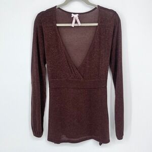 Y2K Derek Heart Plus Wrap Top Womens 1X Brown Metallic Empire Waist Bubble Slv
